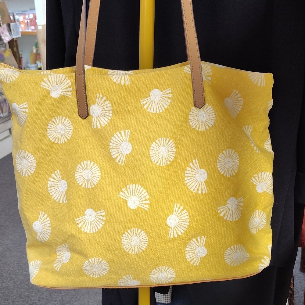 Tossed Sun Print Canvas Tote Bag Yellow White Double Handle Zip Top